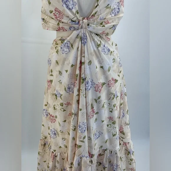 Sofía The Label Floral Cut-Out Maxi Cream Pastel Print Deep V Boho Summer Dress - Picture 11 of 16